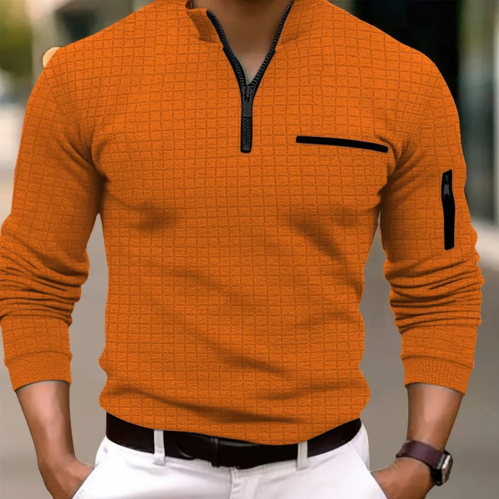 Bequemes und modisches Langarm-Baumwoll-Poloshirt für Herren mit modischem Reißverschluss