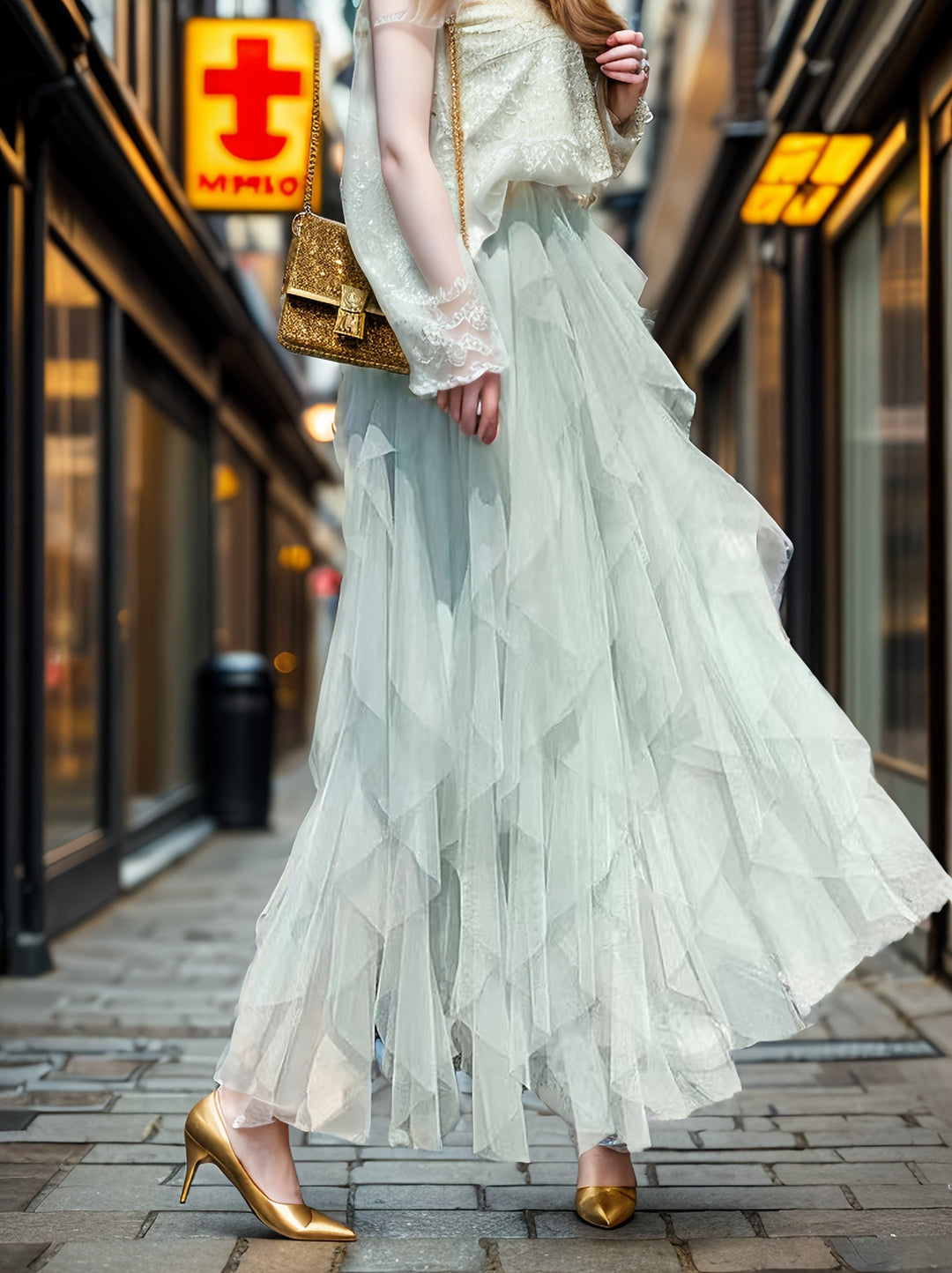 Elegante Damess Maxi Rok met Luxe Gelaagde Stijl in Extended Heather-Design