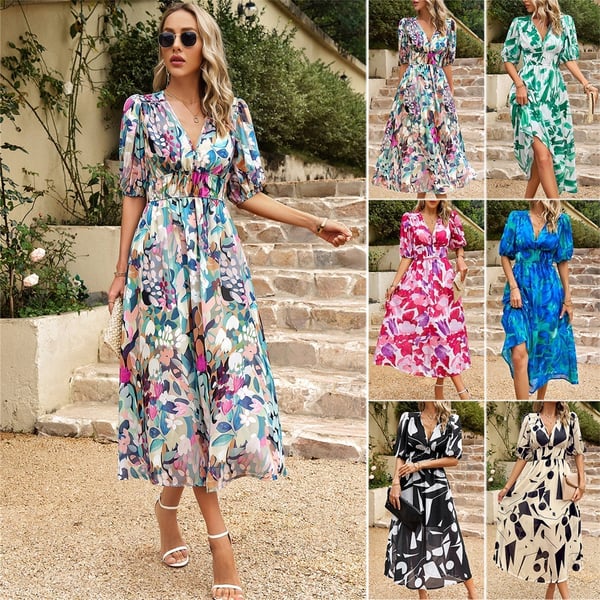 Elegantes Damenkleid mit spitzem Ausschnitt und modischem Print, perfekt für besondere Anlässe