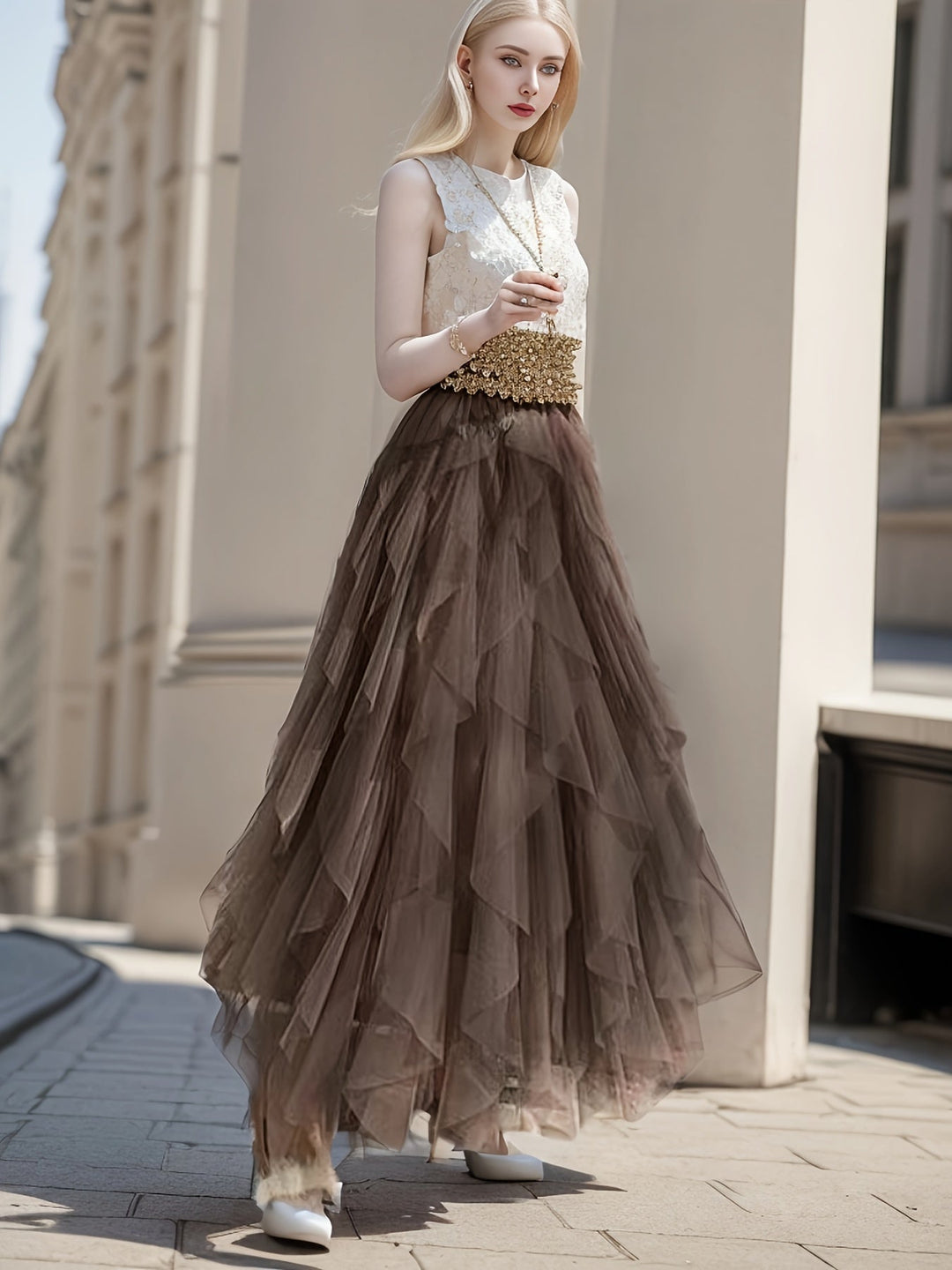 Elegante Damess Maxi Rok met Luxe Gelaagde Stijl in Extended Heather-Design