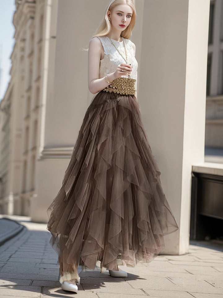 Elegante Damess Maxi Rok met Luxe Gelaagde Stijl in Extended Heather-Design