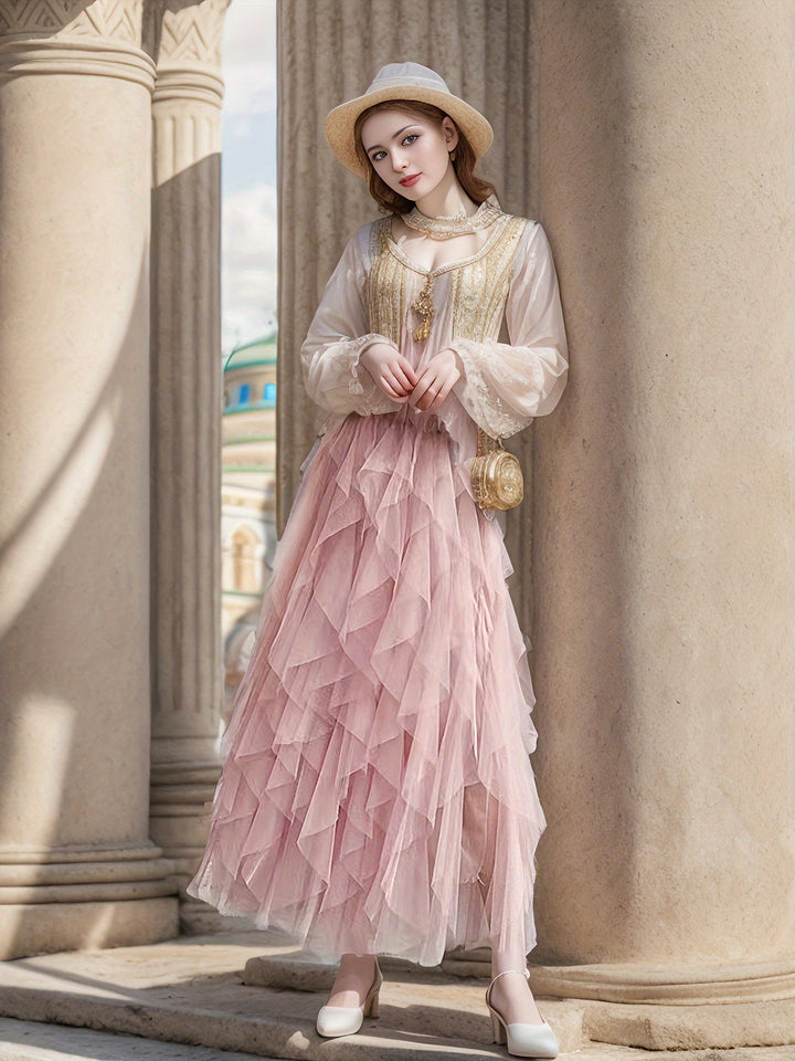 Elegante Damess Maxi Rok met Luxe Gelaagde Stijl in Extended Heather-Design