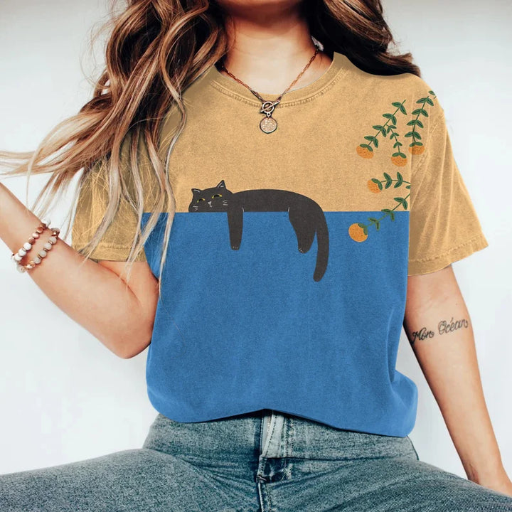 Lässiges Damen-T-Shirt mit niedlichem Katzenprint und bequemem Rundhalsausschnitt