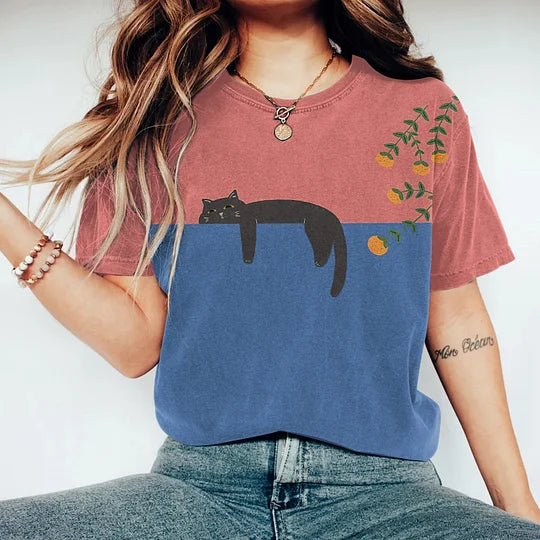 Lässiges Damen-T-Shirt mit niedlichem Katzenprint und bequemem Rundhalsausschnitt