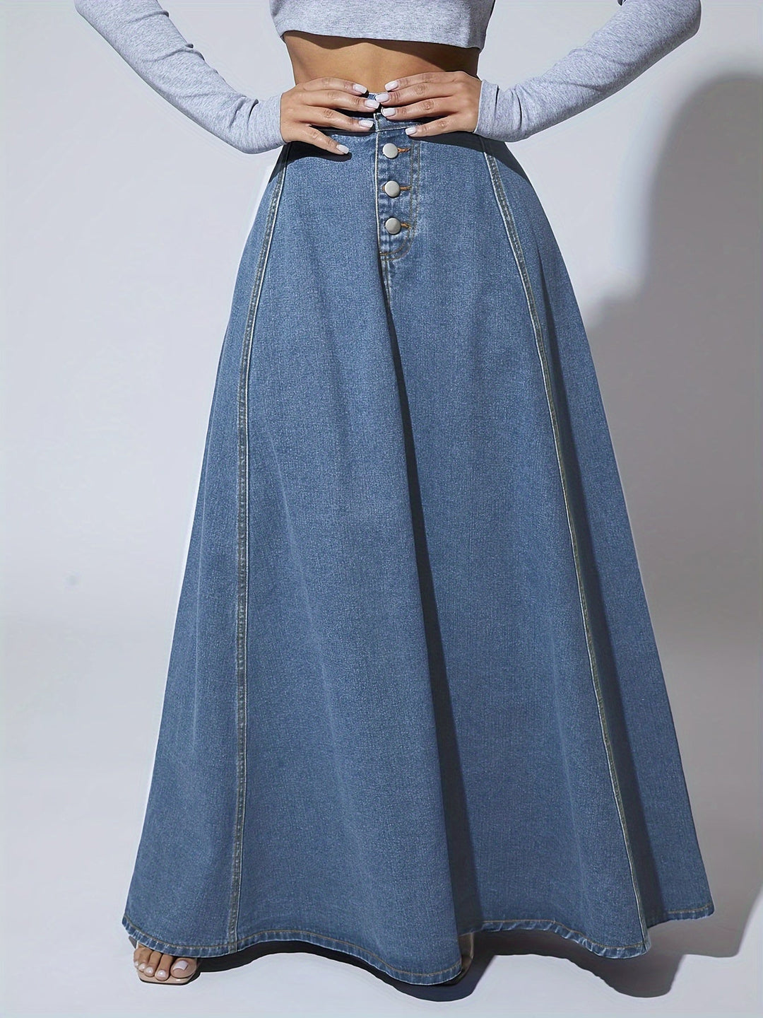 Chic Elegante Damen Maxi Spijkerrok met Vrouwelijke Uitlopende Pasvorm - Melina
