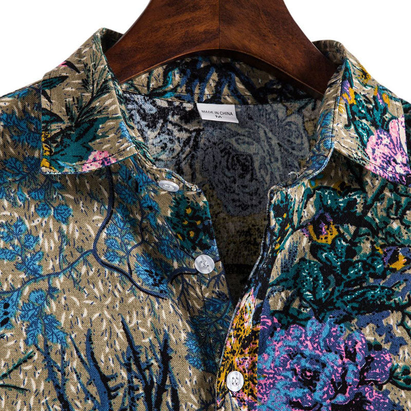Elegantes Herrenhemd im Retro-Stil mit kurzen Ärmeln aus luftiger Baumwolle und Leinen