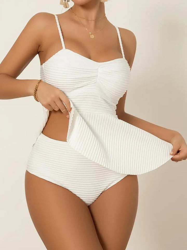 Faloni | Élégant Ensemble Tankini Blanc à Poppée pour un Style Sophistiqué