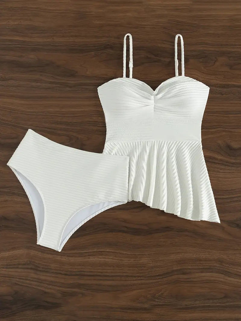 Faloni | Élégant Ensemble Tankini Blanc à Poppée pour un Style Sophistiqué