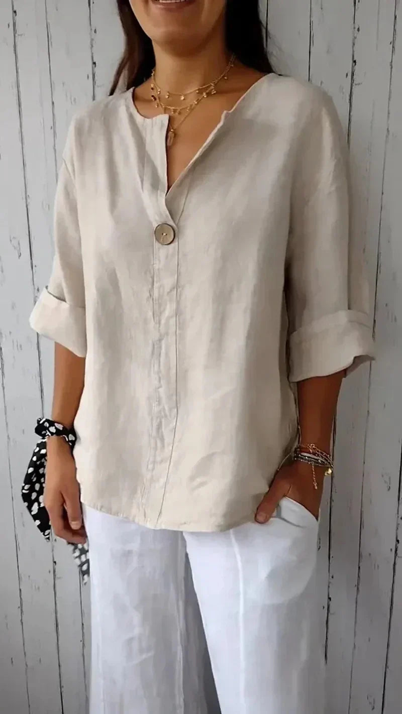 Stilvolles Damen-Button-down-Hemd in klassischen Weiß- und Beigetönen - Eleganz und minimalistisches Design