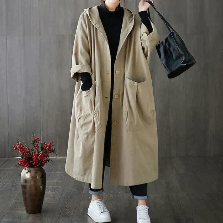 Modischer winddichter Damen-Trench in Übergröße mit funktionellen Taschen