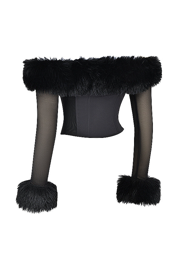 Stylowy czarny gorset dla kobiet z eleganckim luksusowym wykończeniem ze sztucznego futra