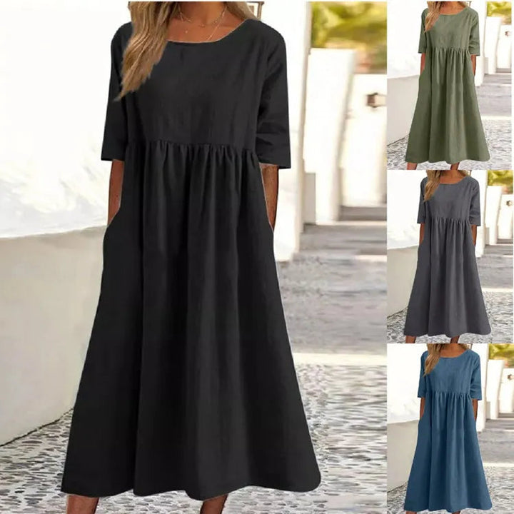 Silvia™ - Modisches Baumwollkleid mit Rundhalsausschnitt und praktischen Taschen