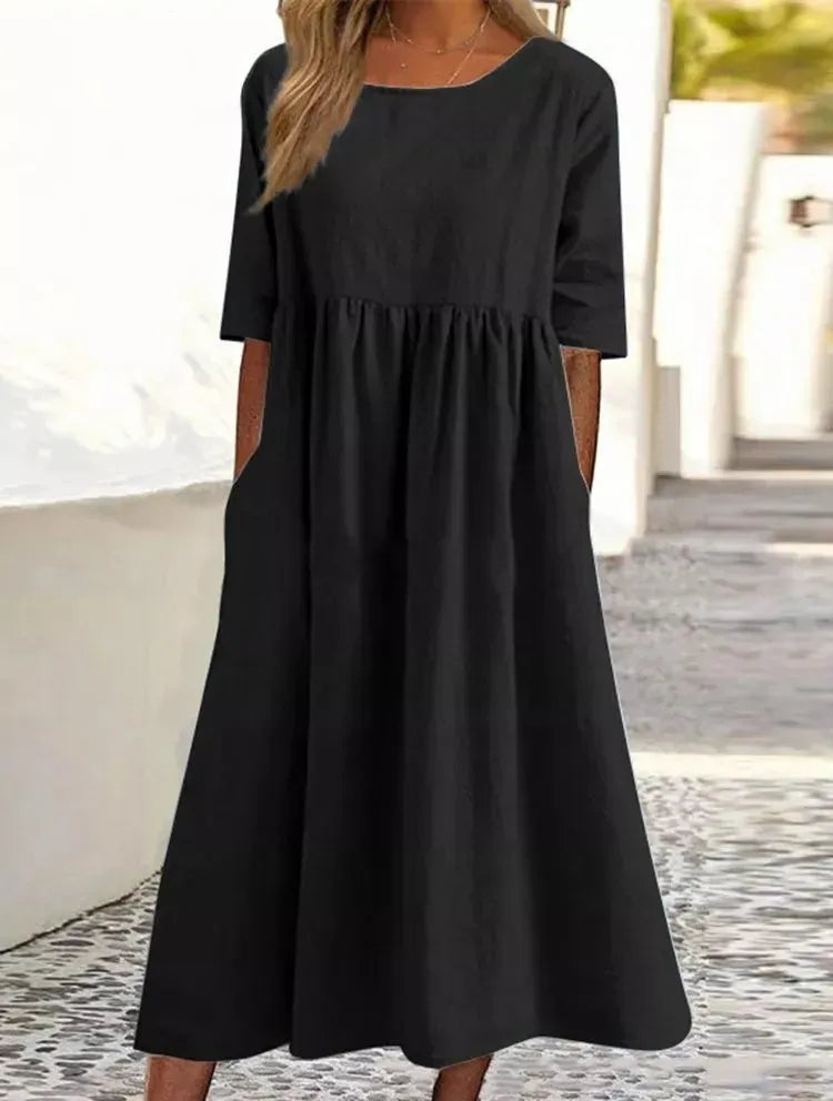 Silvia™ - Modisches Baumwollkleid mit Rundhalsausschnitt und praktischen Taschen