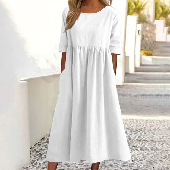 Silvia™ - Modisches Baumwollkleid mit Rundhalsausschnitt und praktischen Taschen