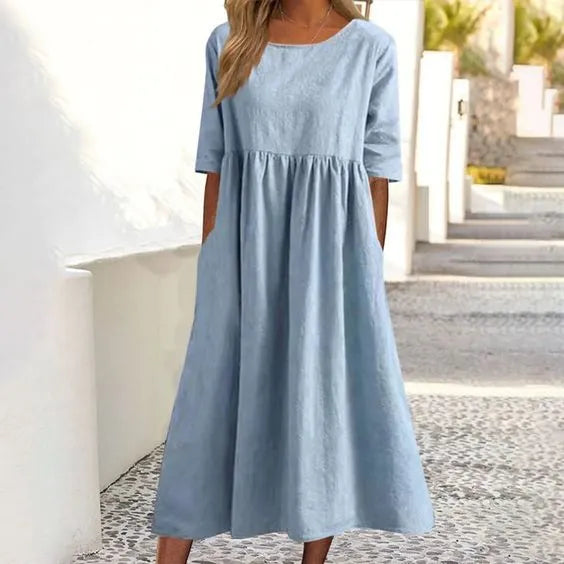 Silvia™ - Modisches Baumwollkleid mit Rundhalsausschnitt und praktischen Taschen