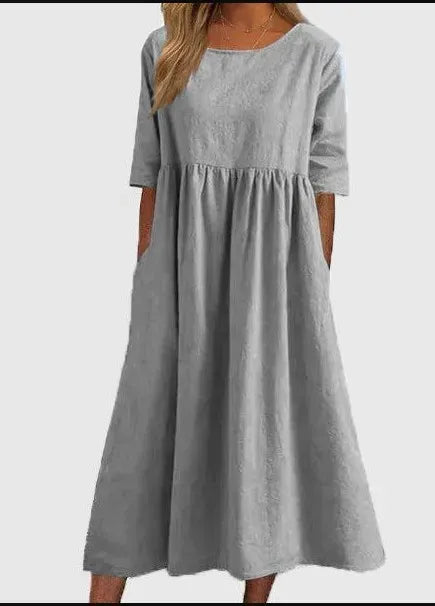 Silvia™ - Modisches Baumwollkleid mit Rundhalsausschnitt und praktischen Taschen