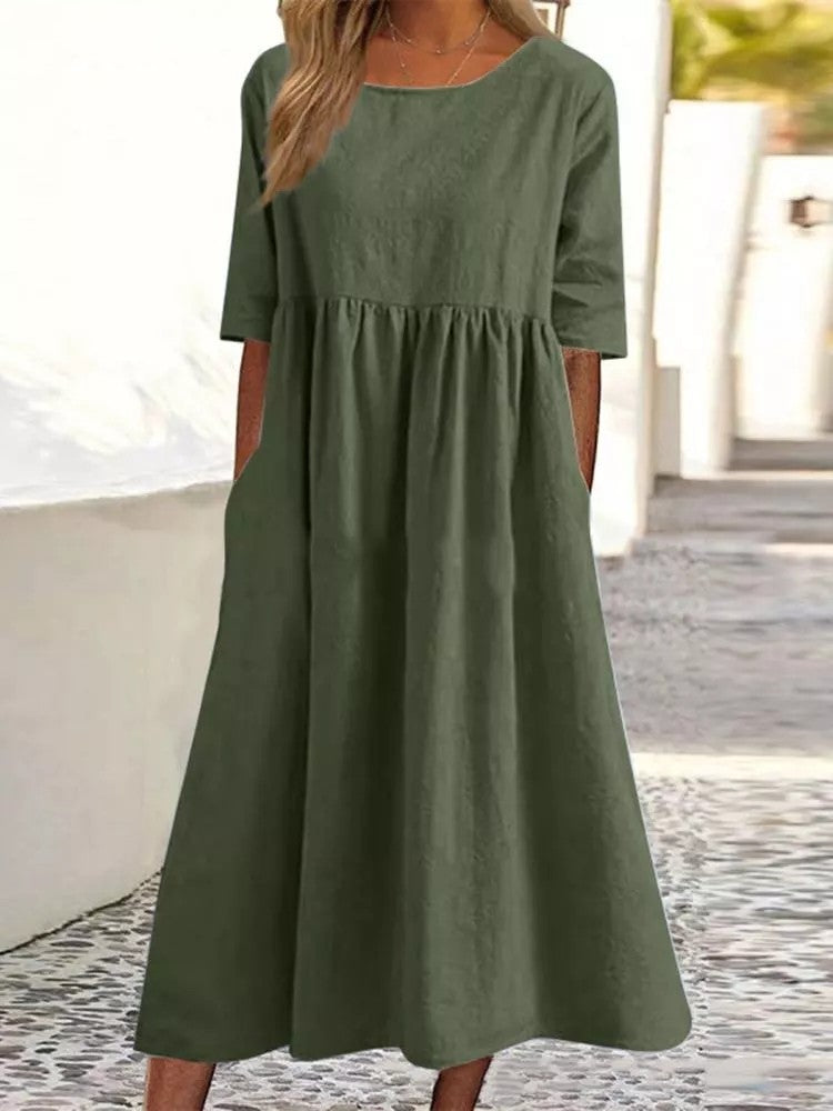 Silvia™ - Modisches Baumwollkleid mit Rundhalsausschnitt und praktischen Taschen