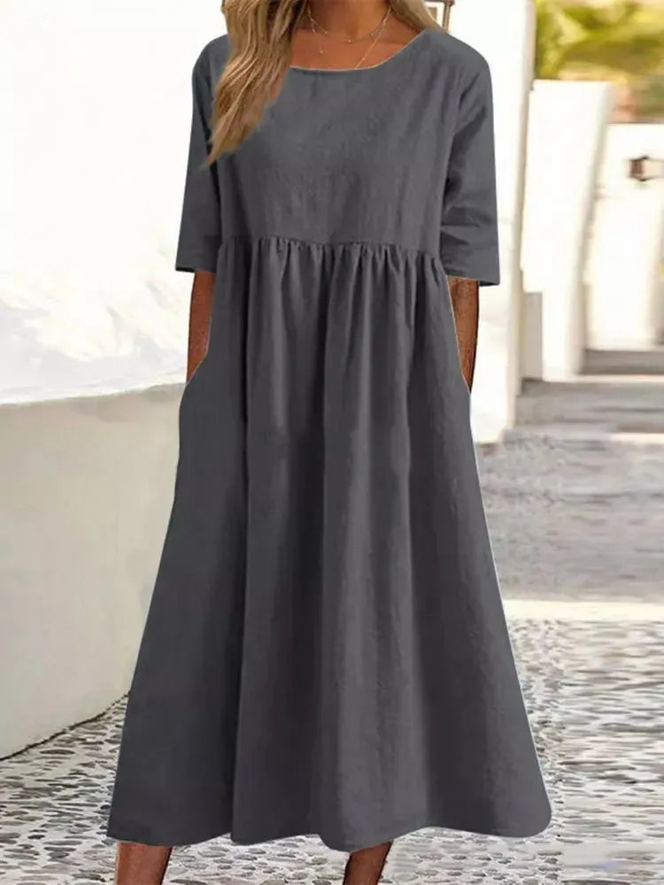 Silvia™ - Modisches Baumwollkleid mit Rundhalsausschnitt und praktischen Taschen