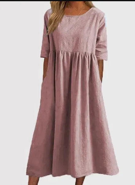 Silvia™ - Modisches Baumwollkleid mit Rundhalsausschnitt und praktischen Taschen